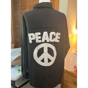 Davi & Dani Black Peace Sign Chenille Patch Denim Shacket Shirt Jacket Womens L